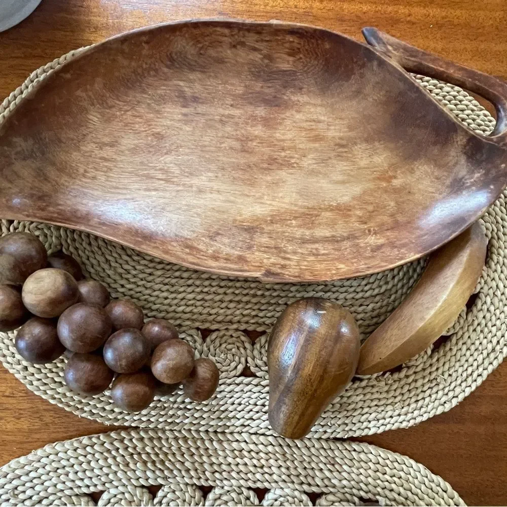 Vintage MCM Wooden Monkey Pod 10 Piece Fruit and Leaf Shaped Bowl Set